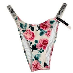 NWT Victoria's Secret Brazilian Swimsuit Bikini Bottom Floral Rhinestone Strap M